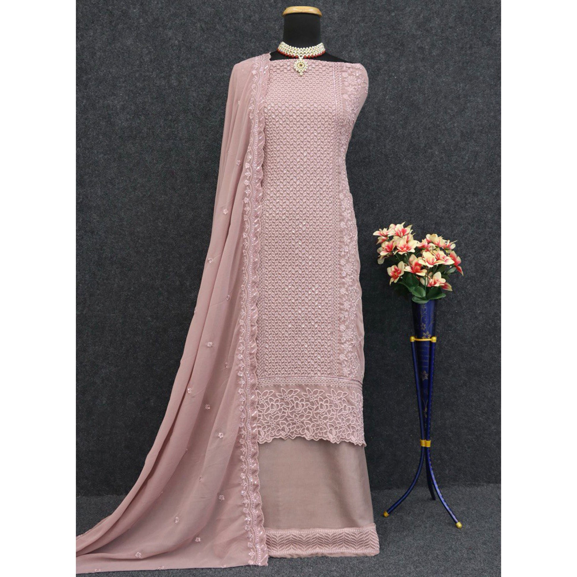 Misty Rose Pink Sequins Embroidered Georgette Dress Material