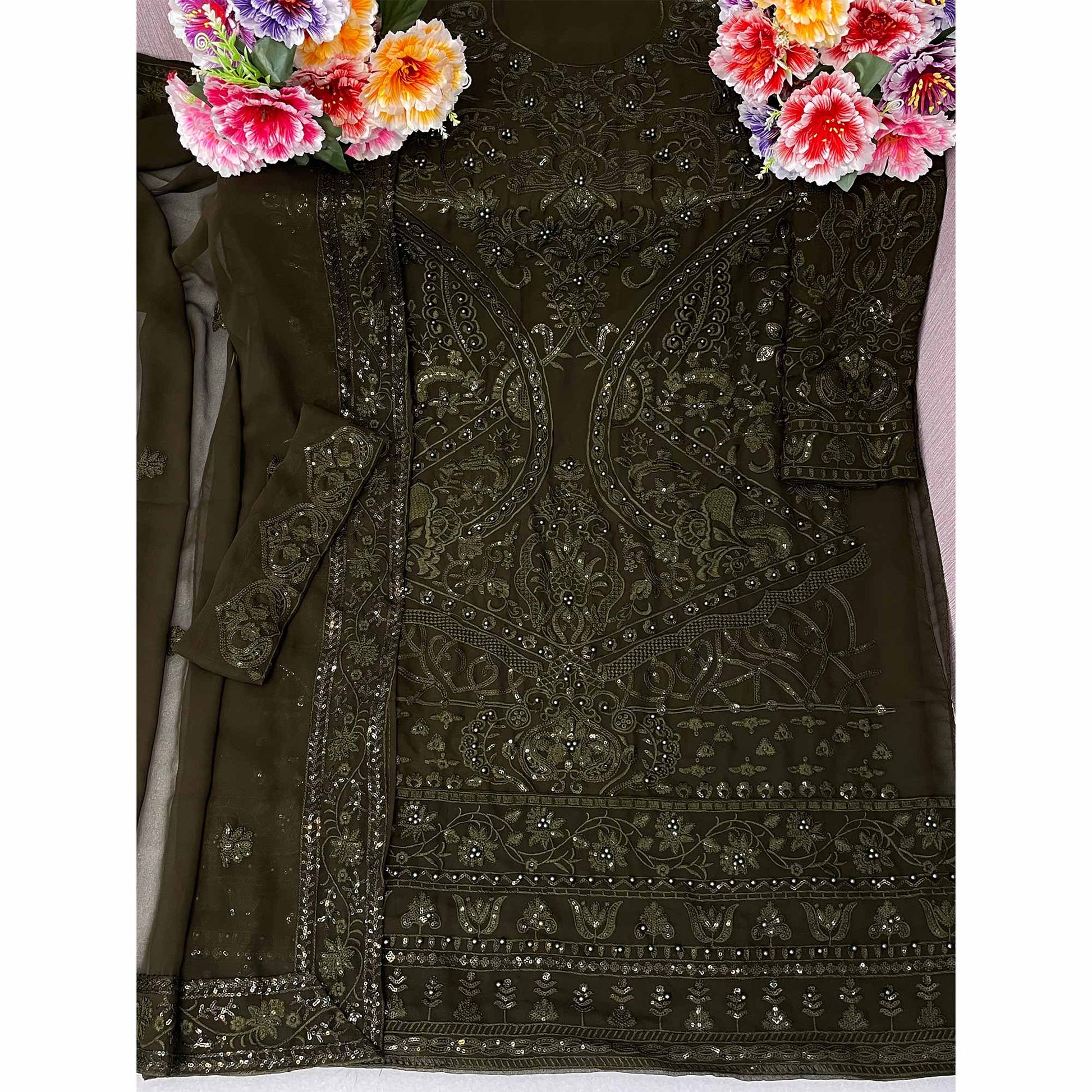 Mehandi Green Embroidered Georgette Semi Stitched Pakistani Suit