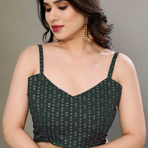 Dark Green Striped Foil Printed Moss Satin Saree Saree With Tassels