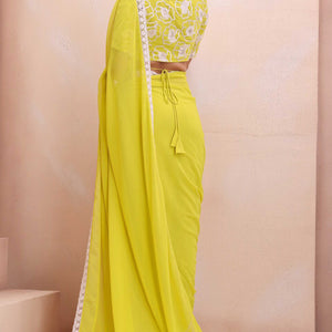 Lemon Yellow Solid Georgette Saree With Embroidered Border