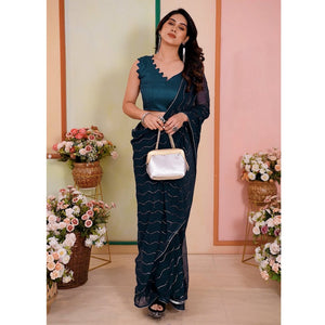 Teal Swarovski Work Embroidered Georgette Saree