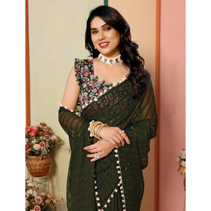 Mehandi Green Woven Striped Pattern Georgette Saree