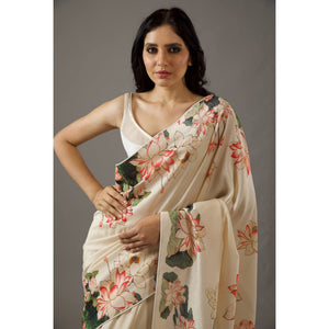 Cream Floral Printed Moss Satin Saree