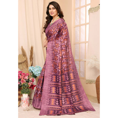 Dark Mauve Floral Printed Khadi Saree