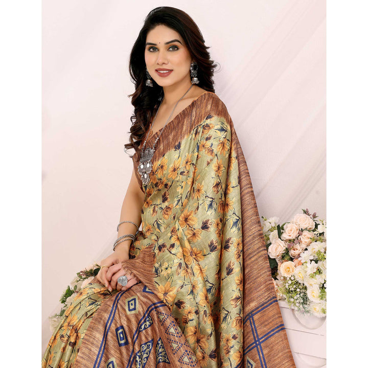 Beige Floral Printed Khadi Saree