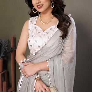 Grey Zari Woven Satin Saree With Pompom Border