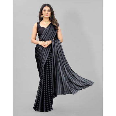 Grey Striped Printed Art Silk Saree