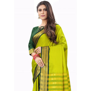 Lemon Green Solid Cotton Silk Saree With Jacquard Border