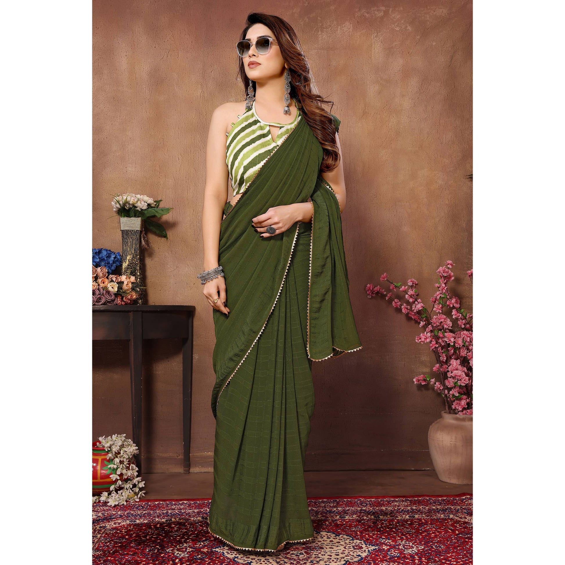green-woven-checks-ready-to-wear-georgette-saree
