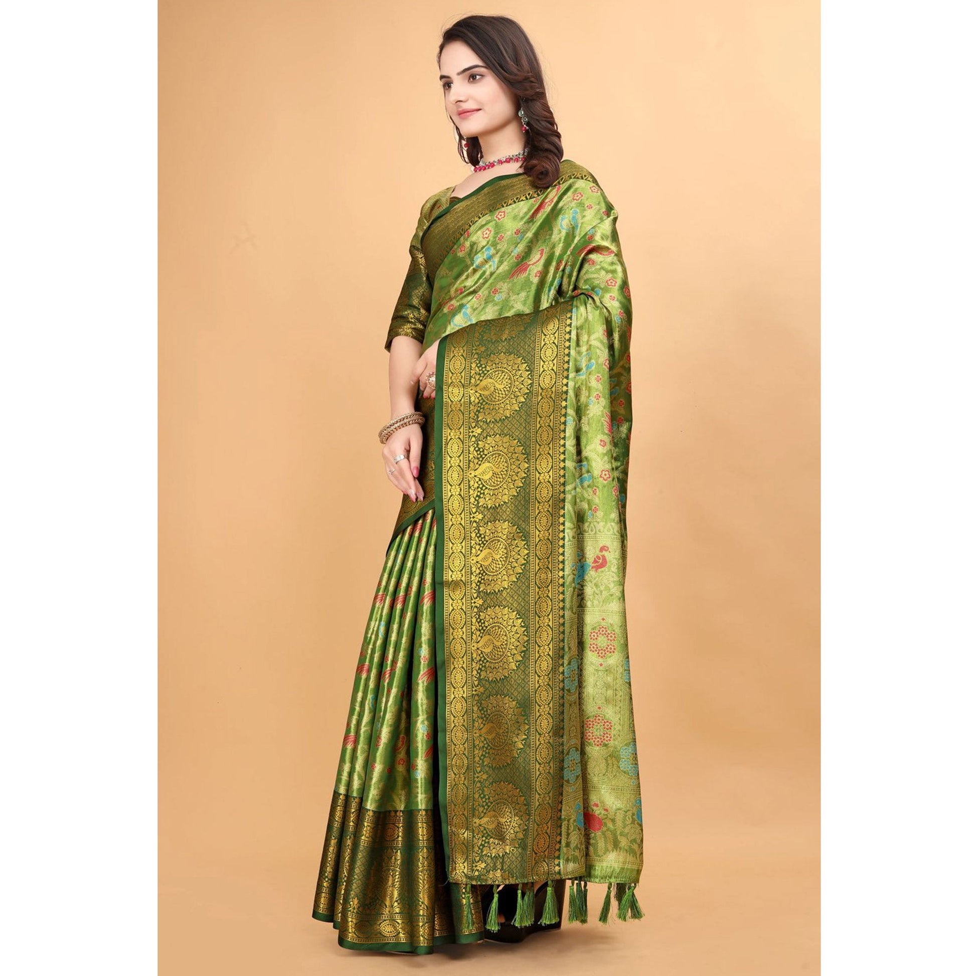 green-floral-woven-tissue-silk-saree-with-tassels