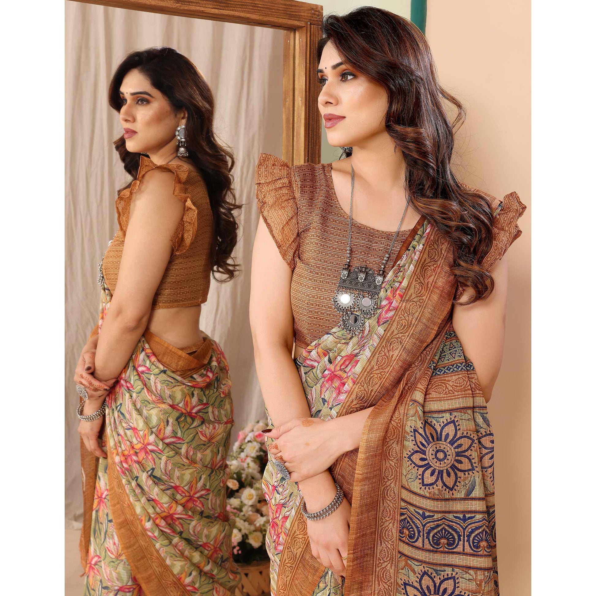 green-brown-floral-printed-kota-doria-saree