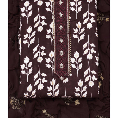 Coffee Brown Foil Printed Cotton Blend Dress Material