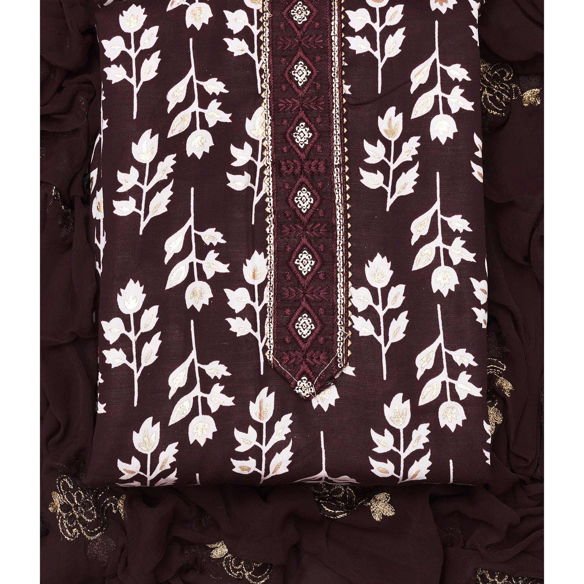 Coffee Brown Foil Printed Cotton Blend Dress Material