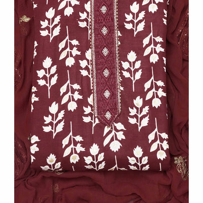 Maroon Foil Printed Cotton Blend Dress Material