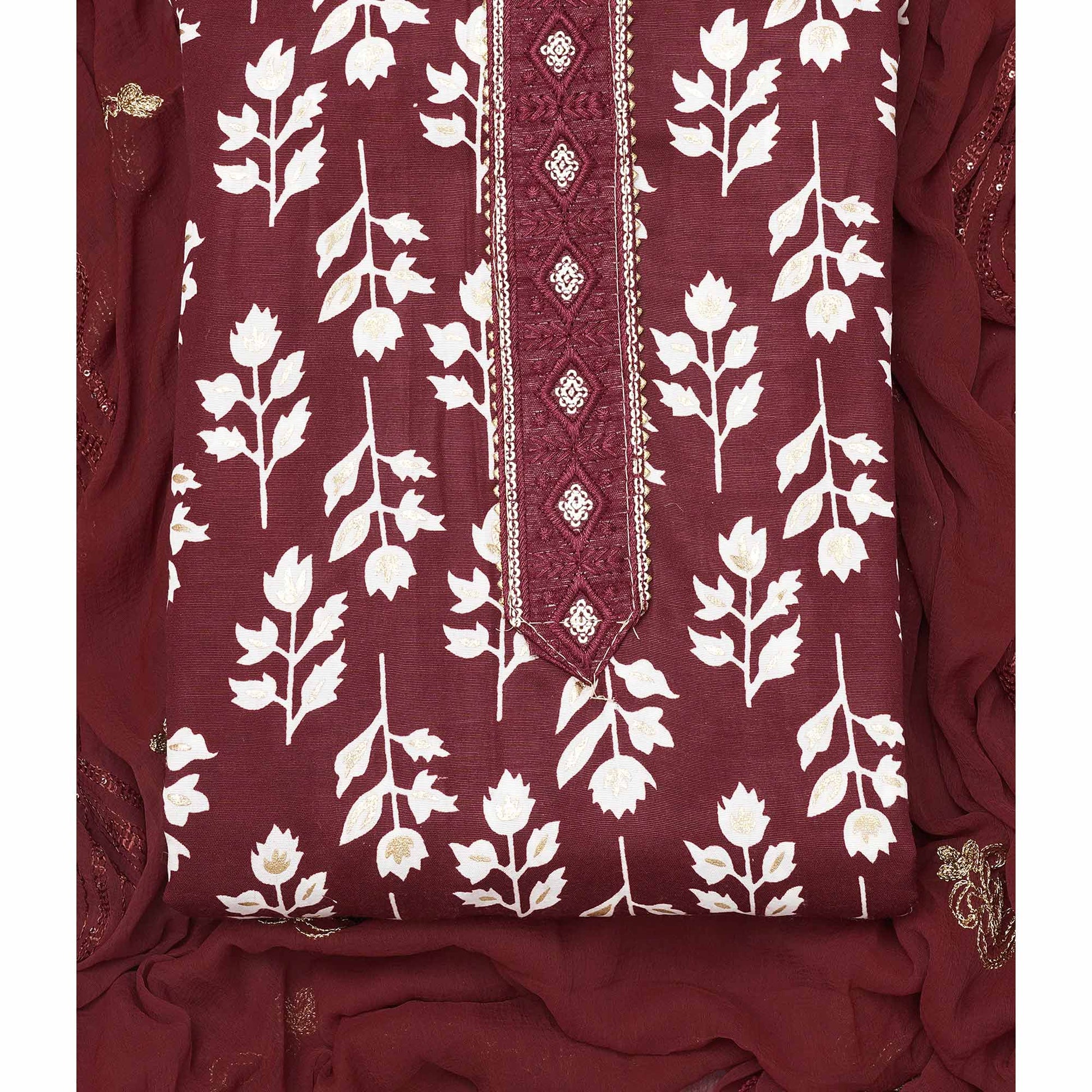 Maroon Foil Printed Cotton Blend Dress Material