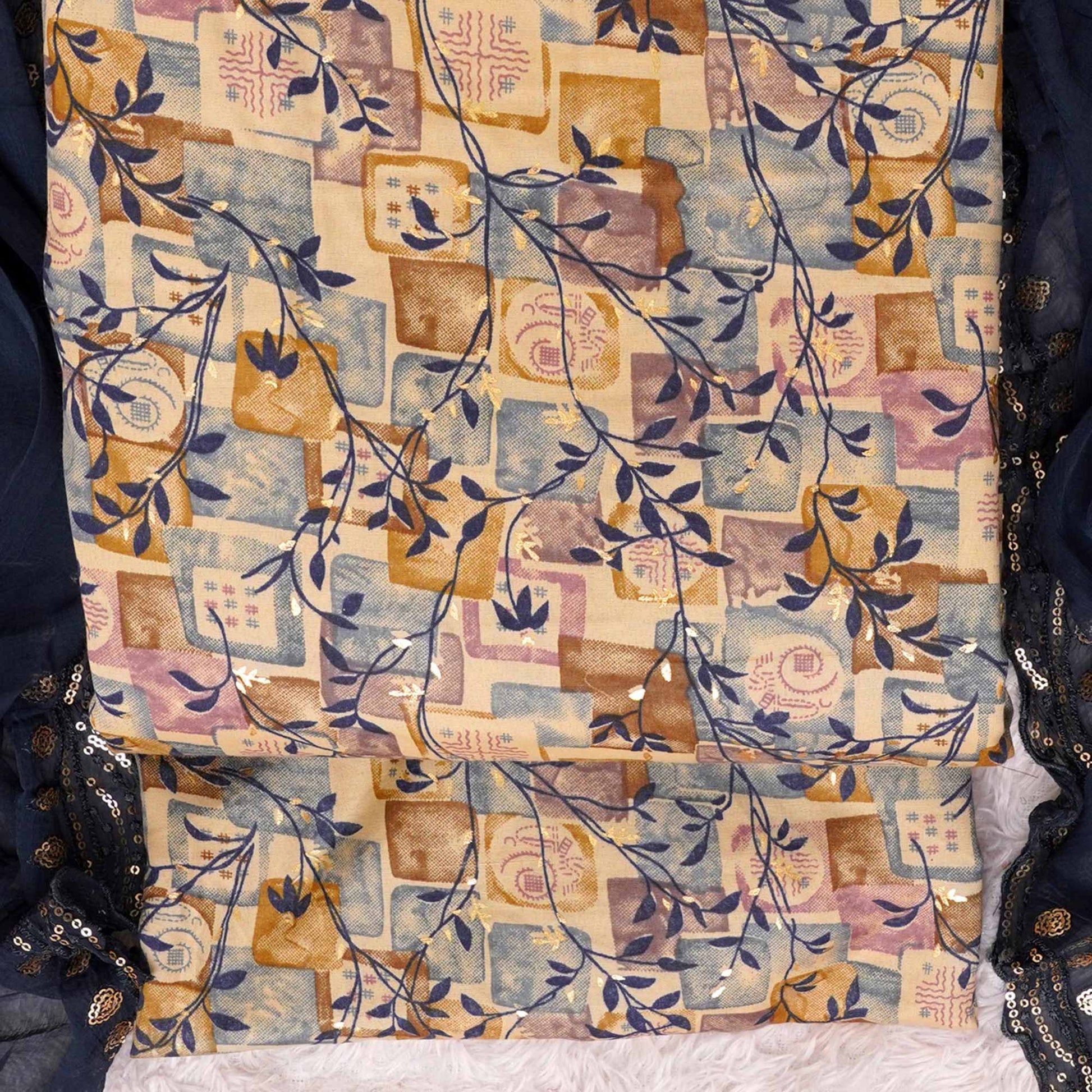 Chikoo & Blue Foil Printed Cotton Blend Dress Material