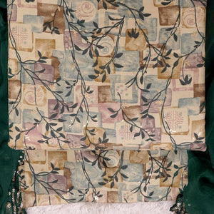 Chikoo & Green Foil Printed Cotton Blend Dress Material