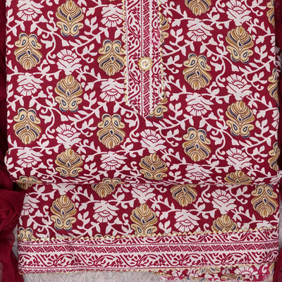 Maroon Foil Printed Cotton Blend Dress Material