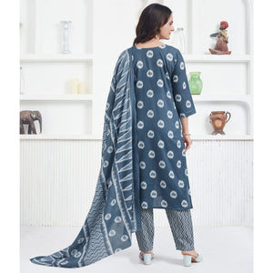 Grey Printed Pure Cotton Salwar Suit With Mirror Work