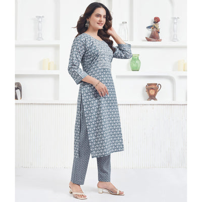 Grey Printed Pure Cotton Salwar Suit With Sequins Work
