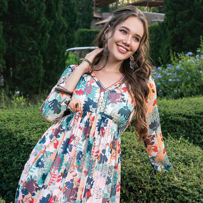 Cream & Multicolor Printed With Handwork Chiffon Dress