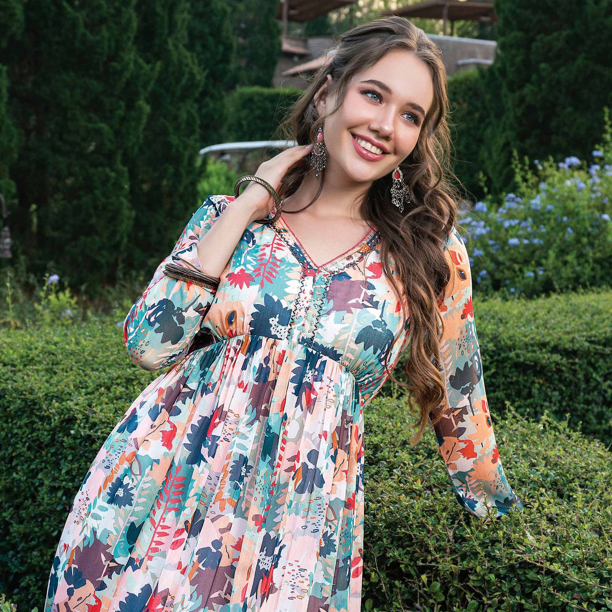 Cream & Multicolor Printed With Handwork Chiffon Dress