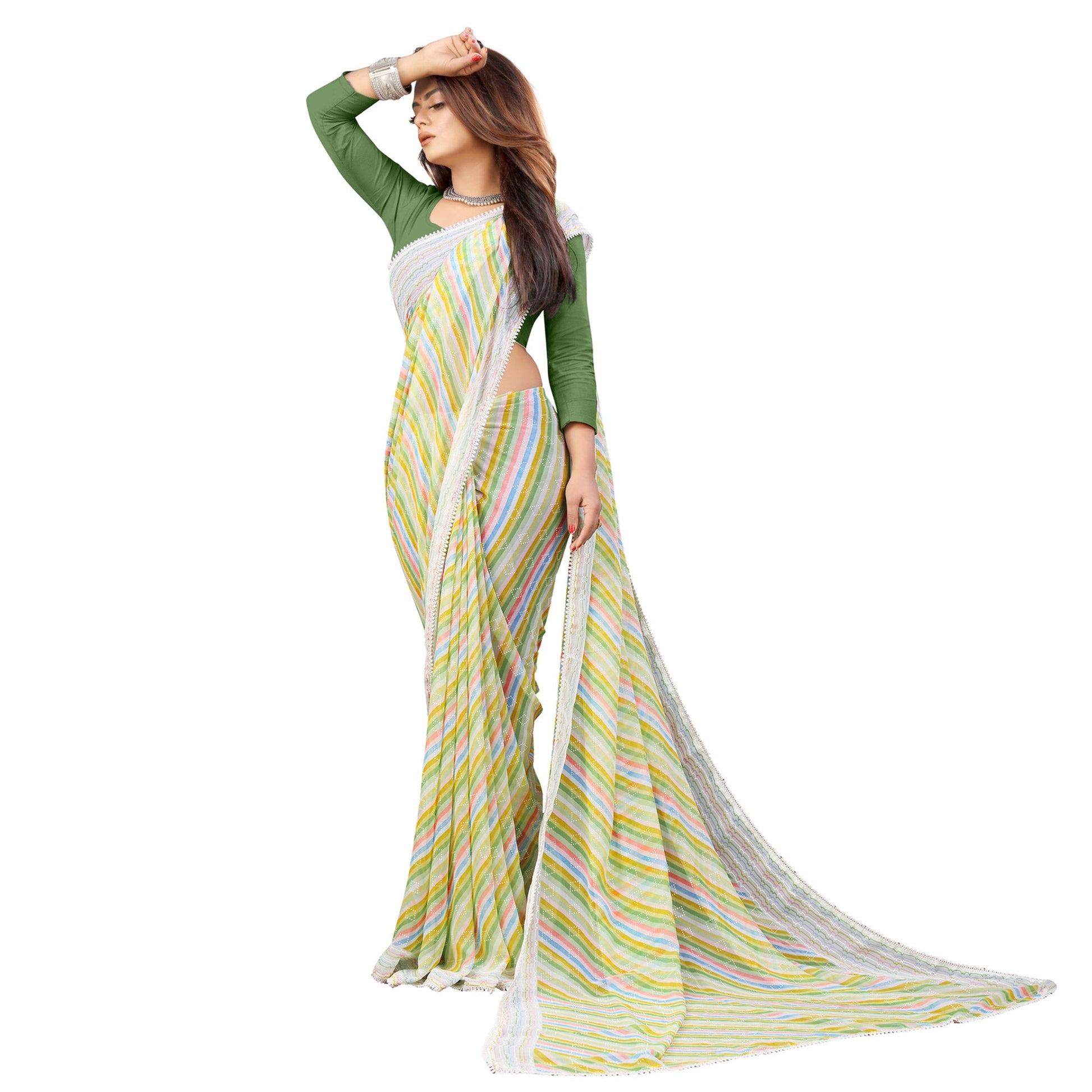 green-striped-printed-georgette-saree