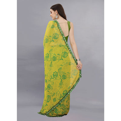 Lemon Green Floral Printed Georgette Saree