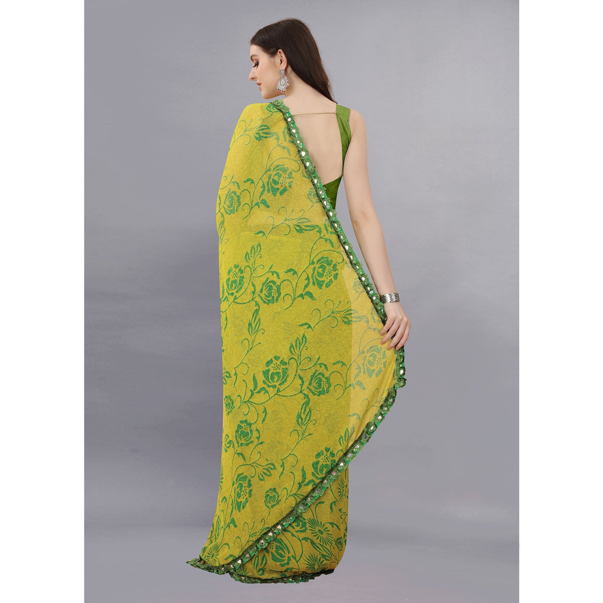 Lemon Green Floral Printed Georgette Saree