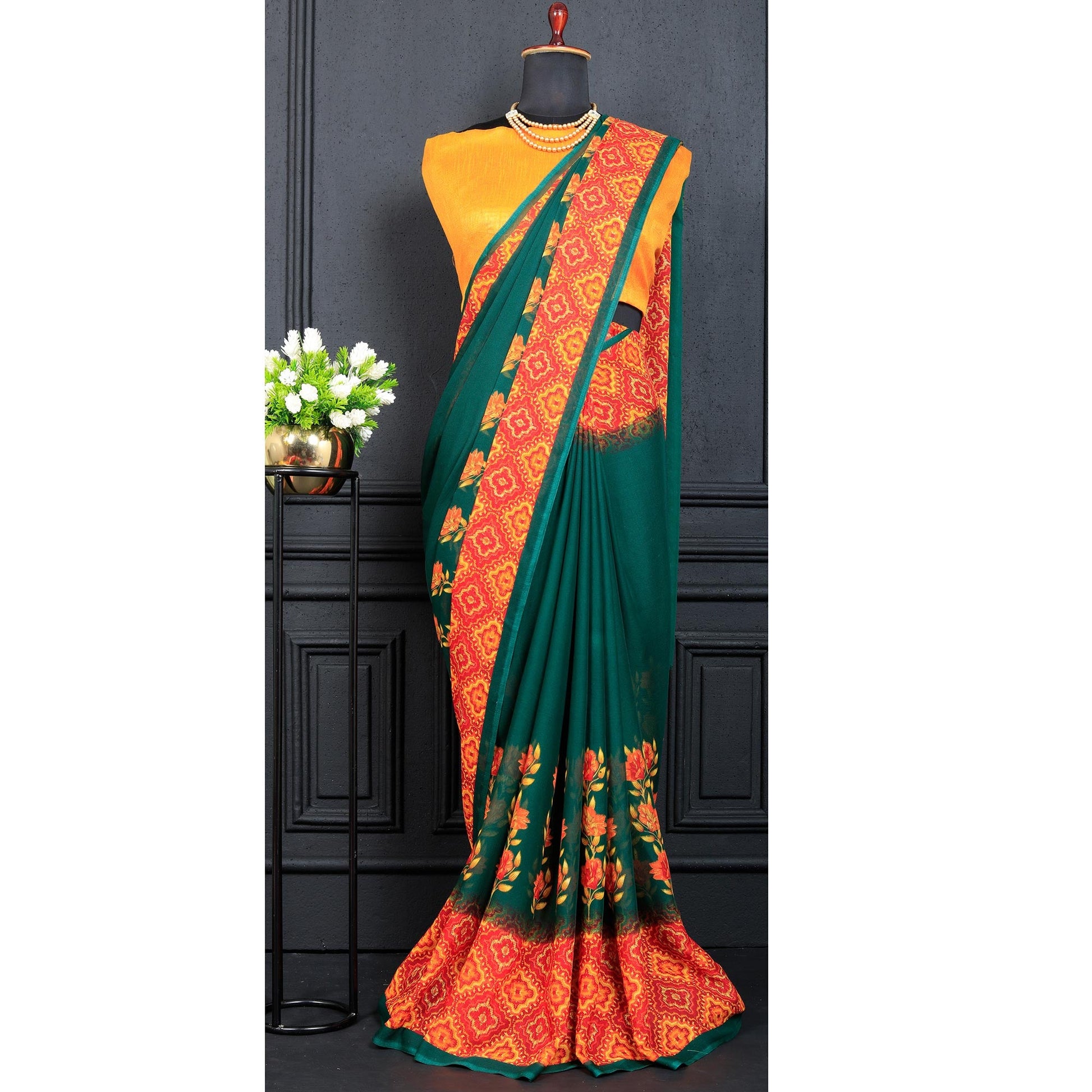 green-floral-printed-georgette-saree-7