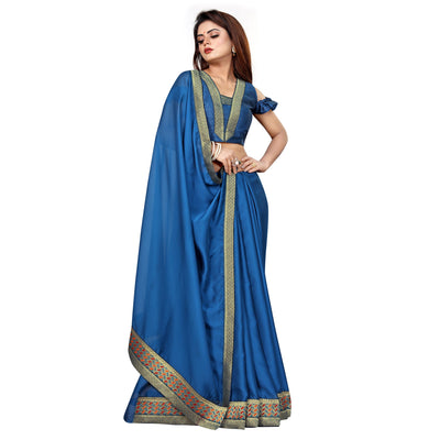 Blue Solid With Woven Border Vichitra Silk Saree