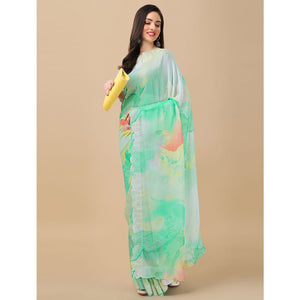 Light Green Printed With Swarovski Work Chiffon Saree