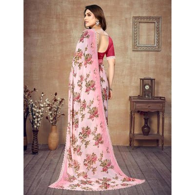 Light Pink Floral Printed Georgette Saree With Lace Border