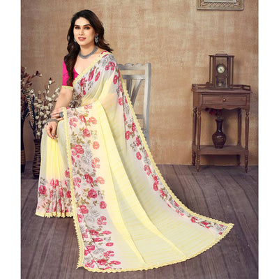 Light Yellow Floral Printed Georgette Saree With Lace Border