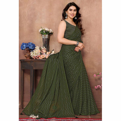 Mehendi Green Mukaish Work Silk Saree With Tassels