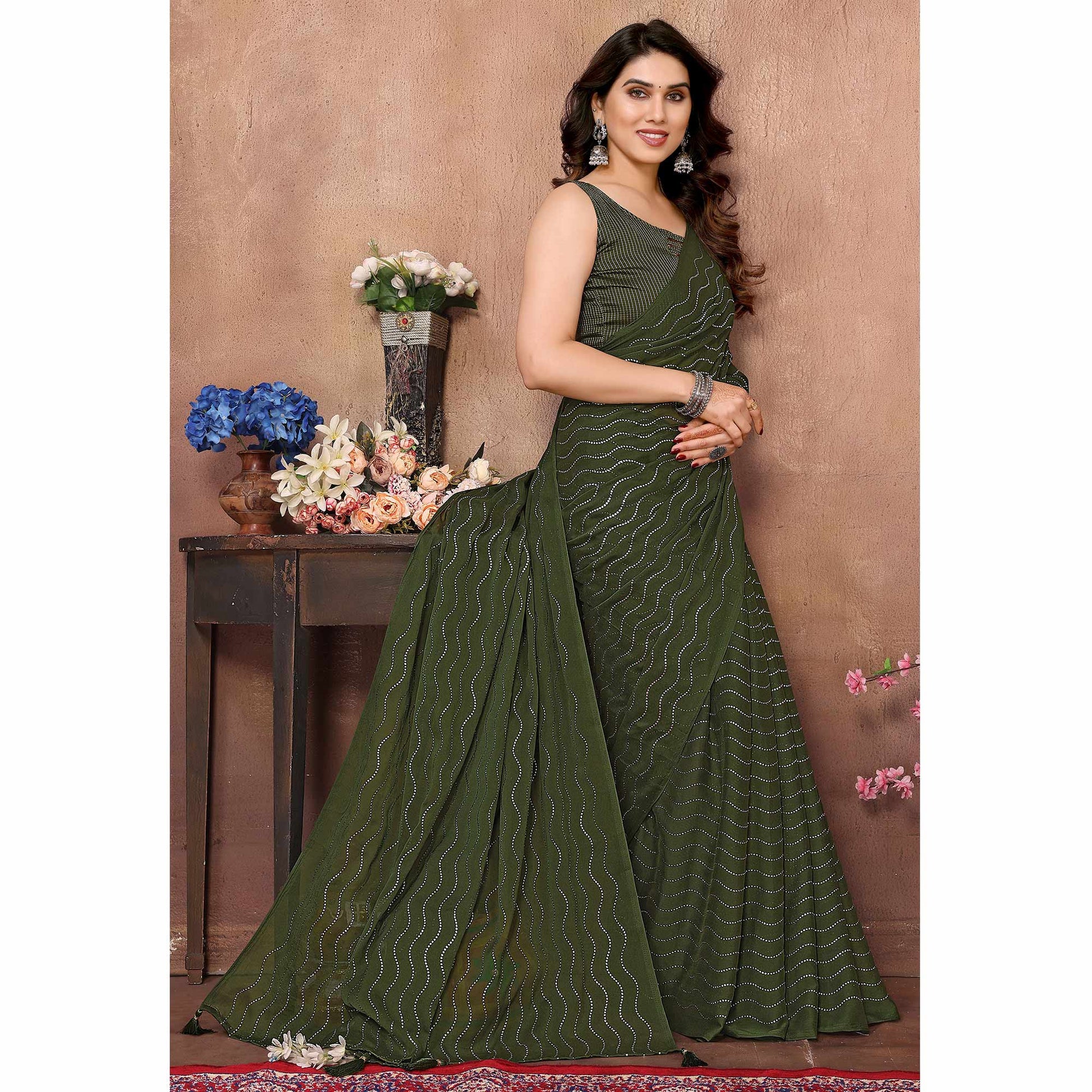 Mehendi Green Mukaish Work Silk Saree With Tassels