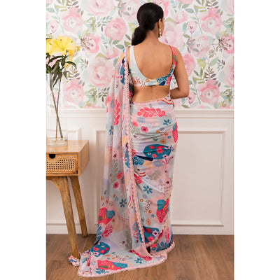 Light Blue Digital Printed Georgette Saree