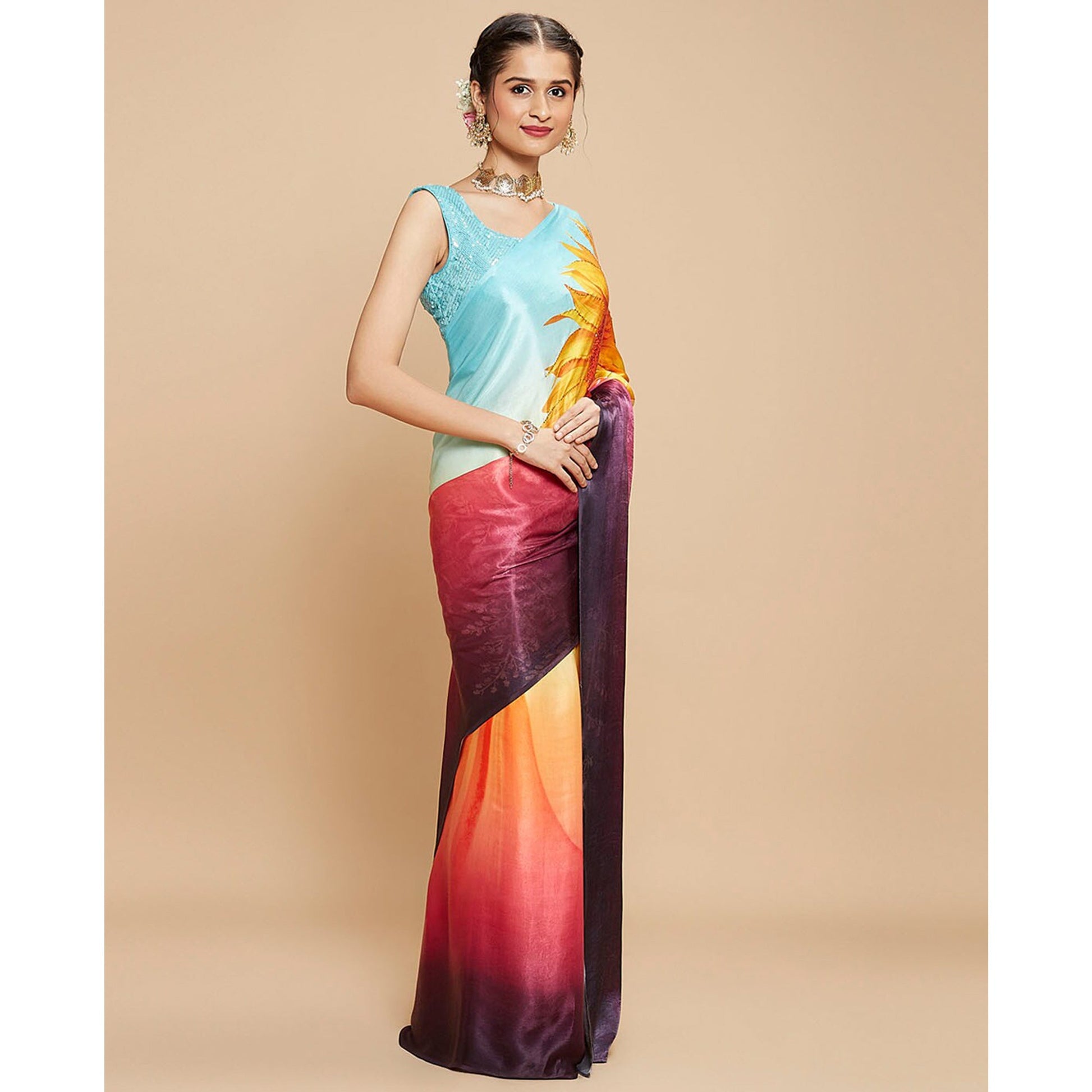 Multicolor Digital Printed Chinon Silk Saree