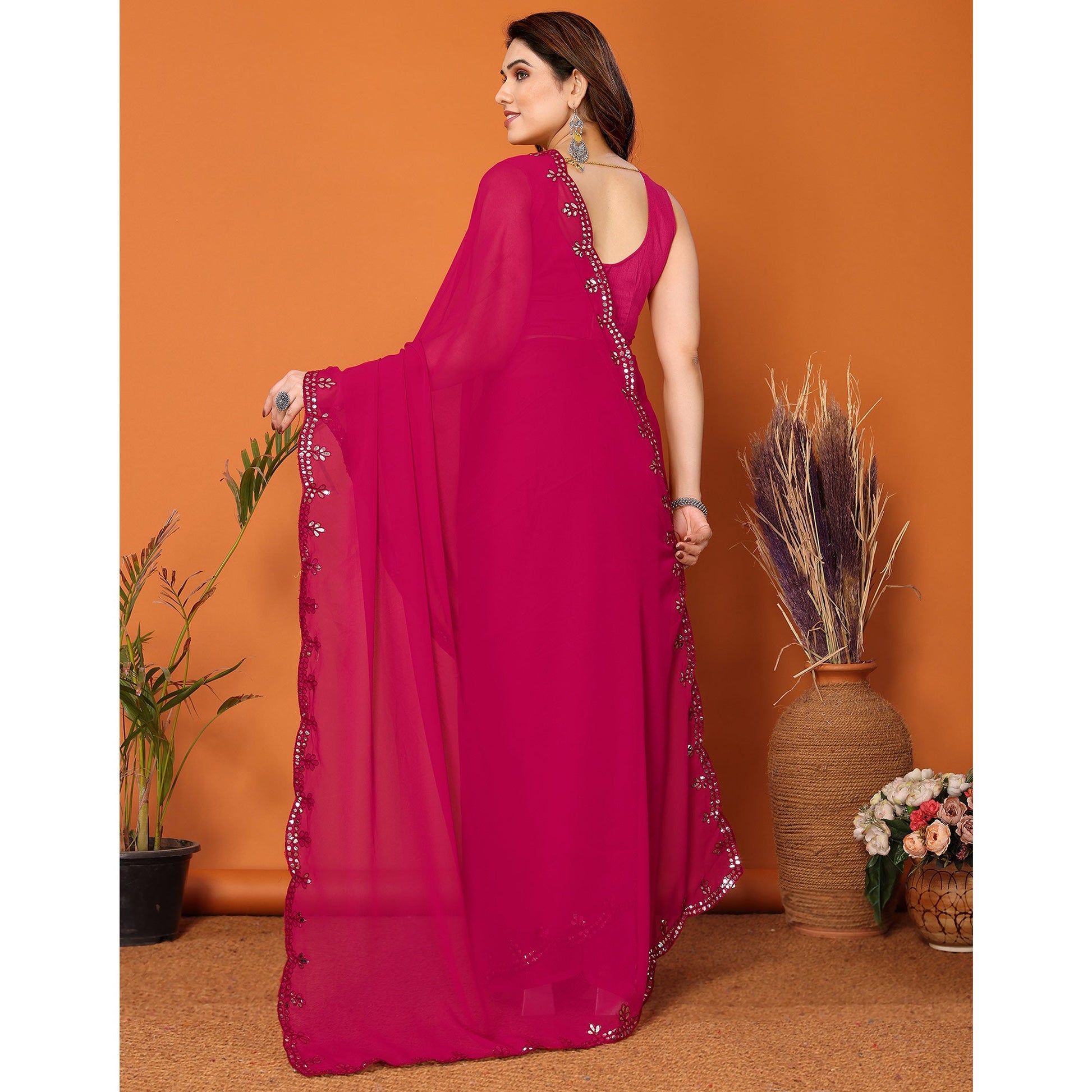 Dark Pink Embellished Georgette Saree With Mirror Work