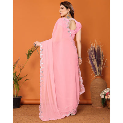 Light Pink Embellished Georgette Saree With Mirror Work