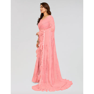 Light Pink Embroidered Georgette Ruffle Saree