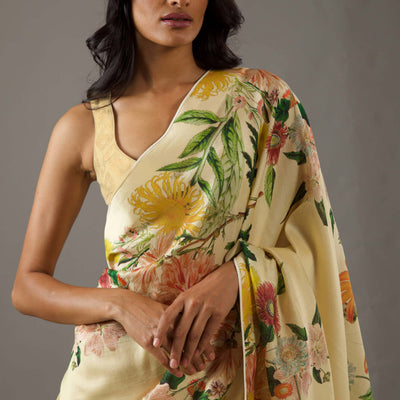 Cream Floral Printed Chiffon Saree