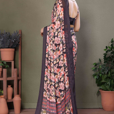 Brown Floral Printed Chiffon Saree