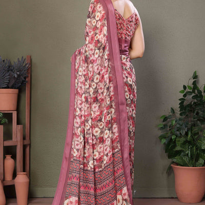 Mauve Floral Printed Chiffon Saree