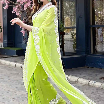 Lime Green Floral Embroidered Georgette Saree