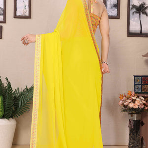 Lemon Yellow Solid Georgette Saree With Printed Border