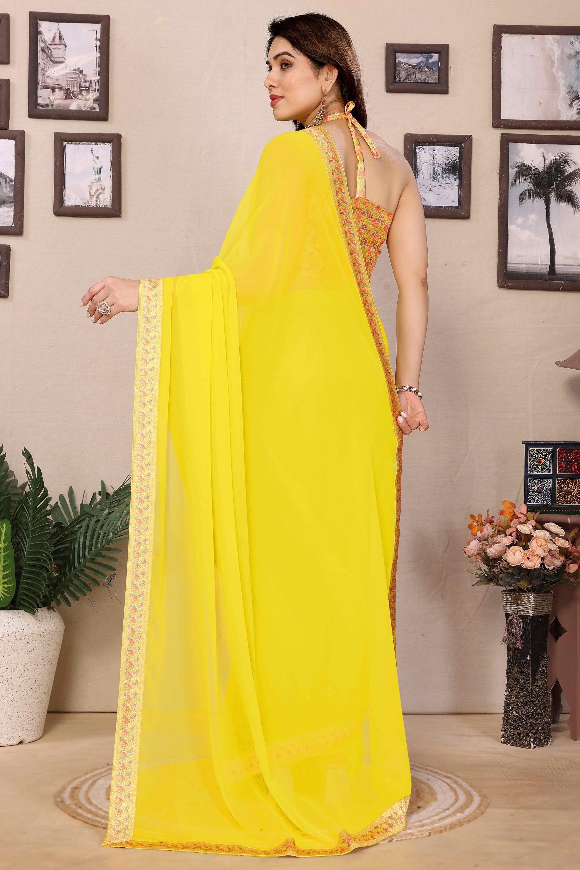 Lemon Yellow Solid Georgette Saree With Printed Border