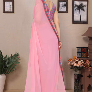 Light Pink Solid Georgette Saree With Printed Border