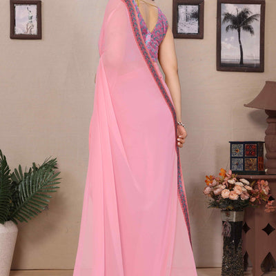 Light Pink Solid Georgette Saree With Printed Border