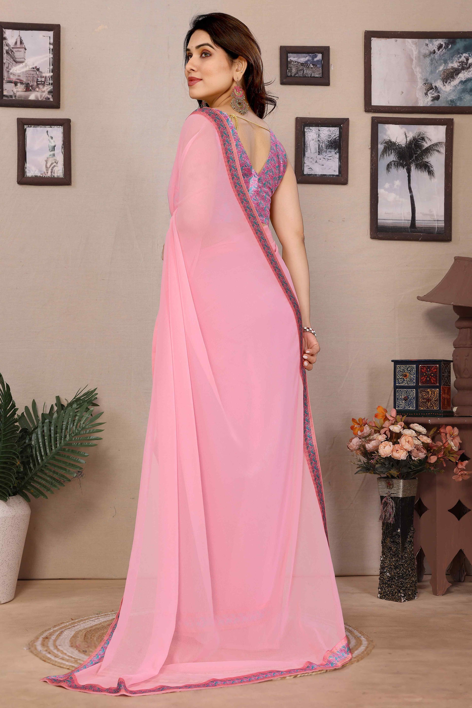Light Pink Solid Georgette Saree With Printed Border
